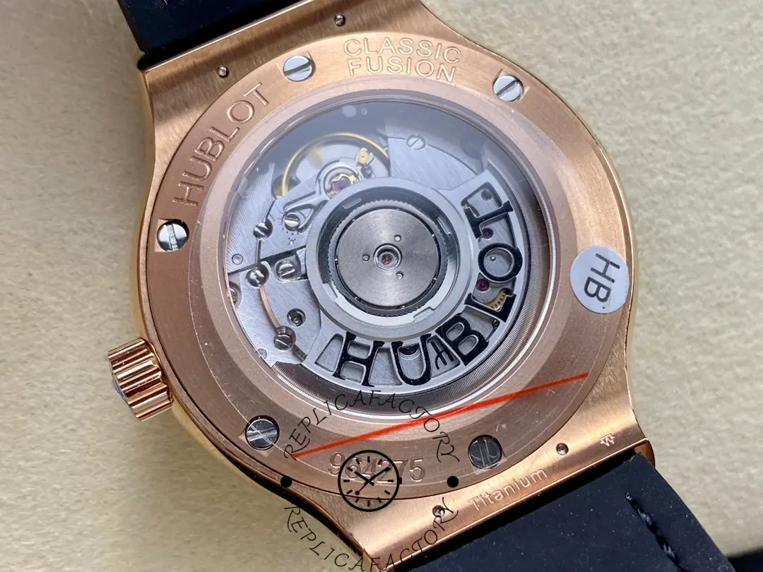 Exhibition caseback of Classic Fusion King Gold Green 38mm showing rotor and movement.