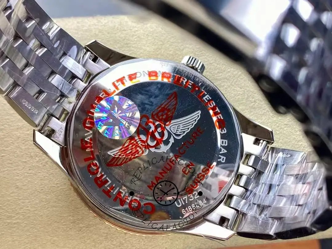 Back case view of the Breitling Navitimer 41 U17326211G1A1 showing engraved logo and hologram sticker.