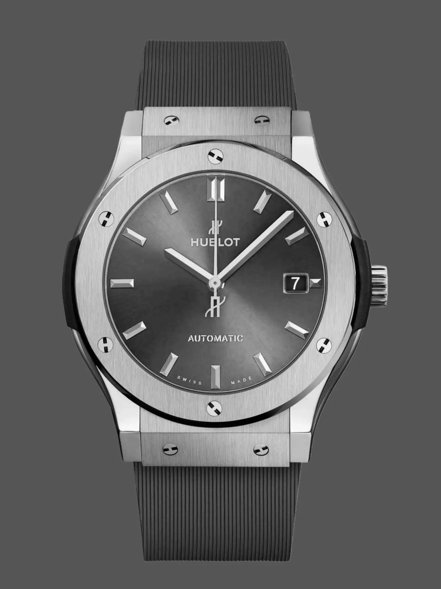 Front view of the Hublot Classic Fusion 511.NX.7071.LR replica showing the grey sunburst dial and titanium bezel.