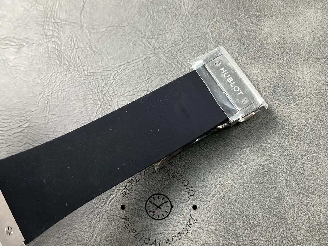 Clasp view of Hublot Classic Fusion 542.NX.1270.RX.MDM replica with engraved buckle.