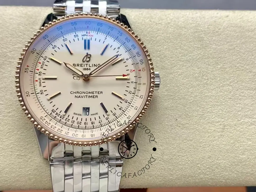 Straight-on view of the Breitling Navitimer 41 U17326211G1A1 with full slide-rule scale and silver dial layout. - Front view