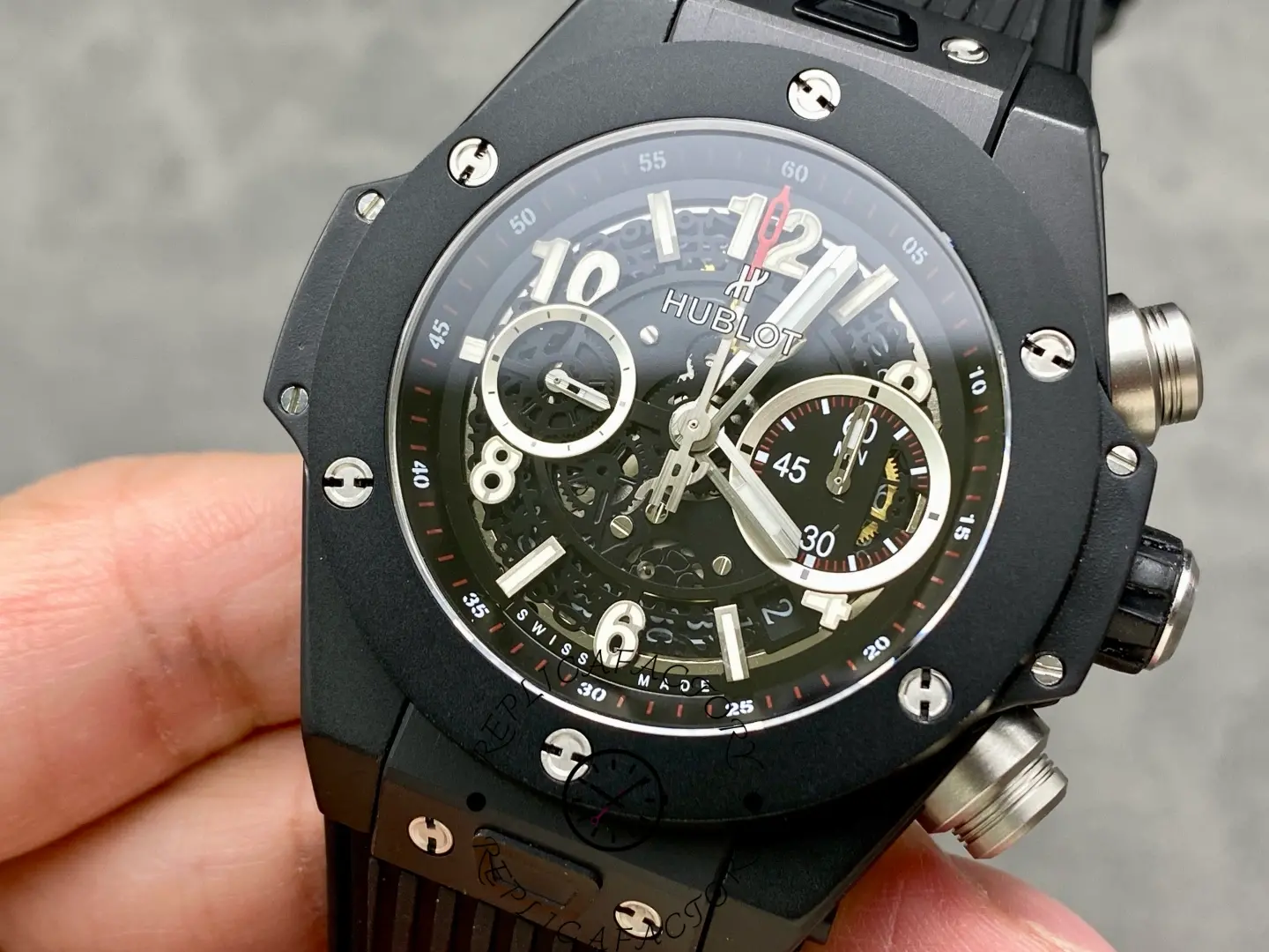 Detailed shot of Hublot 441.CI.1170.RX showing bezel screws and dial depth.