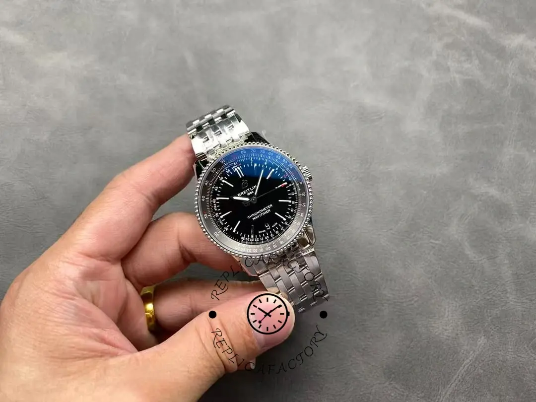 Full front shot of the Breitling Navitimer A17325241B1A1 with stainless steel case and bracelet.