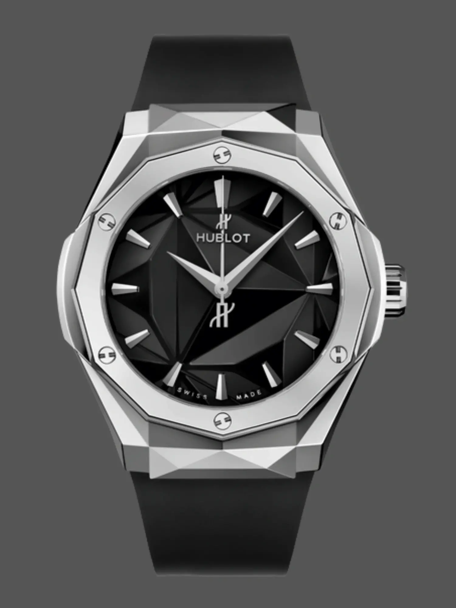 Front view of Hublot 550.NS.1800.RX.ORL19 showing faceted black dial and titanium case.