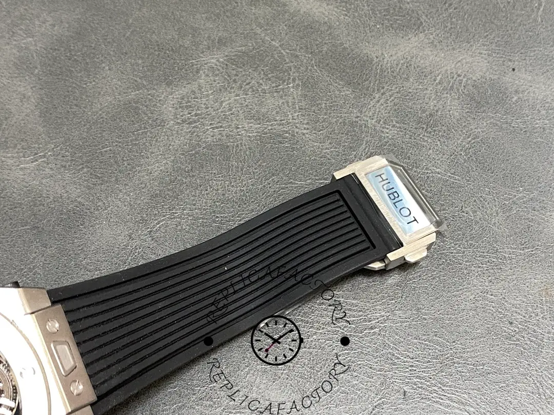 Strap and clasp of Hublot Big Bang Tourbillon 45mm replica showing Hublot buckle.