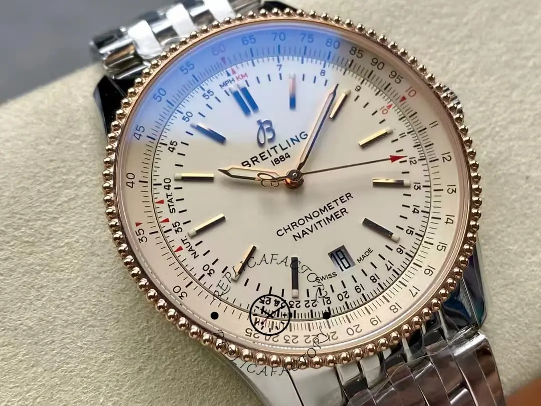 Detailed dial shot of the Breitling Navitimer 41 U17326211G1A1 showing date window and gold-tone hands.