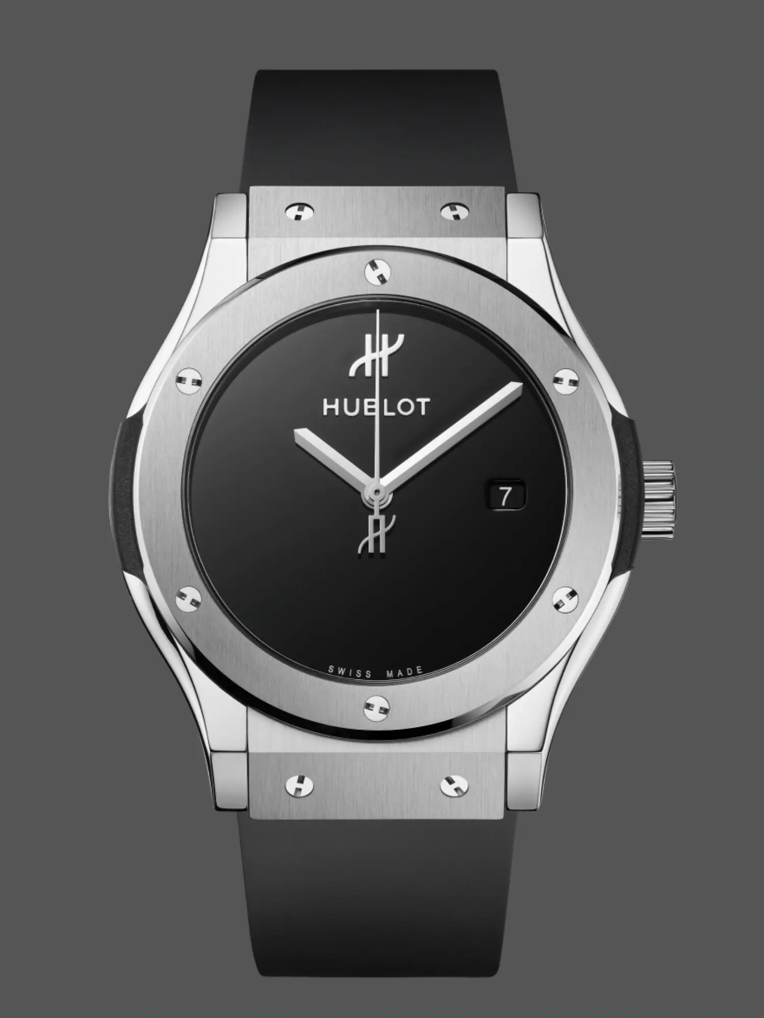 Front view of the Hublot Classic Fusion 542.NX.1270.RX.MDM replica showing black dial and titanium bezel.