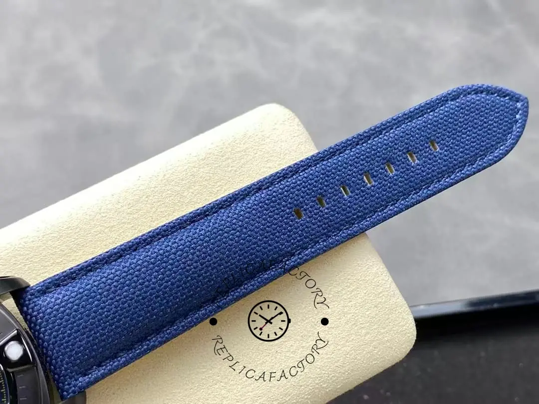 Blue fabric strap close-up of the Breitling Avenger SB01474A1C1X1.