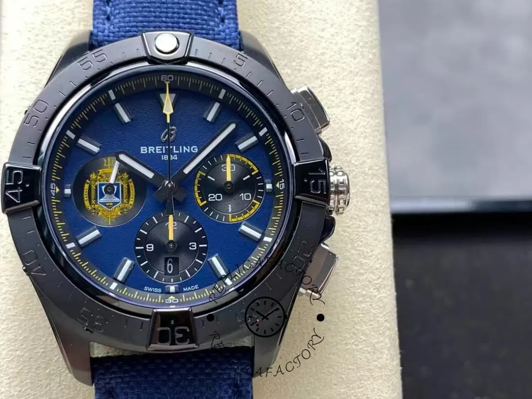 Front view of the Breitling Avenger SB01474A1C1X1 with blue dial and black bezel. - Front view