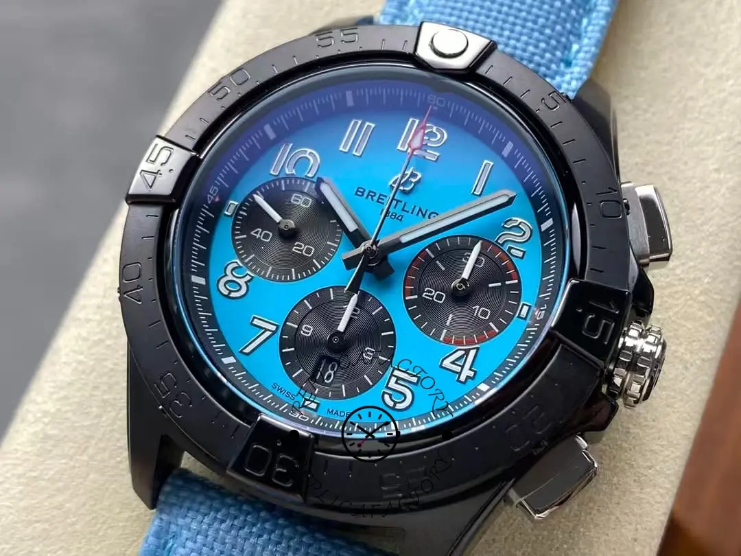 Close-up of Breitling Avenger B01 42 SB0146101L1X1 dial with bright blue face and black subdials.