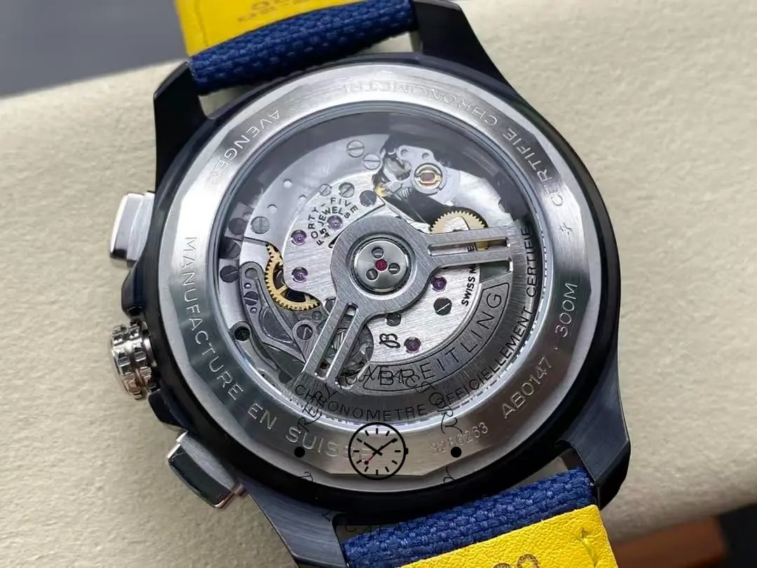 Exhibition caseback of the Breitling Avenger SB01474A1C1X1 showing movement.