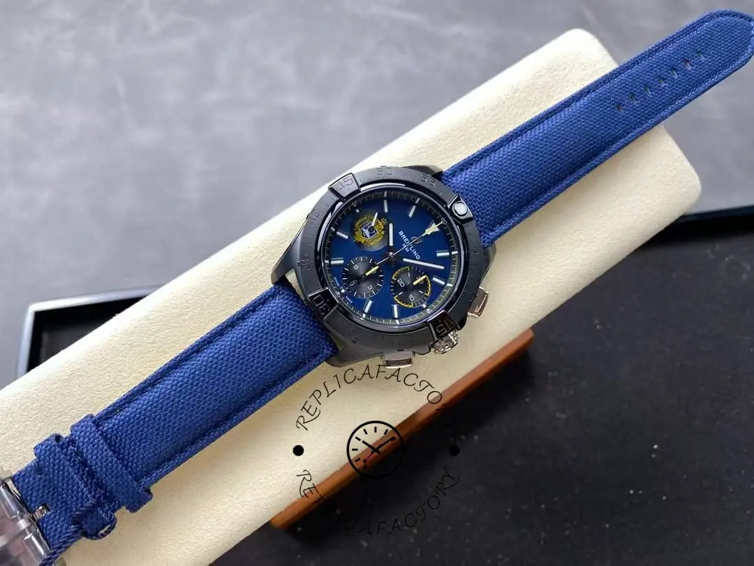 Full watch view of the Breitling Avenger SB01474A1C1X1 on blue strap.