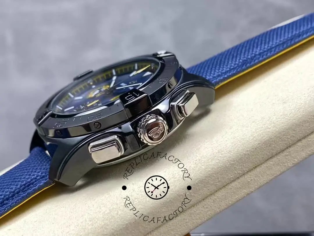 Side view of the Breitling Avenger SB01474A1C1X1 showing crown and pushers.