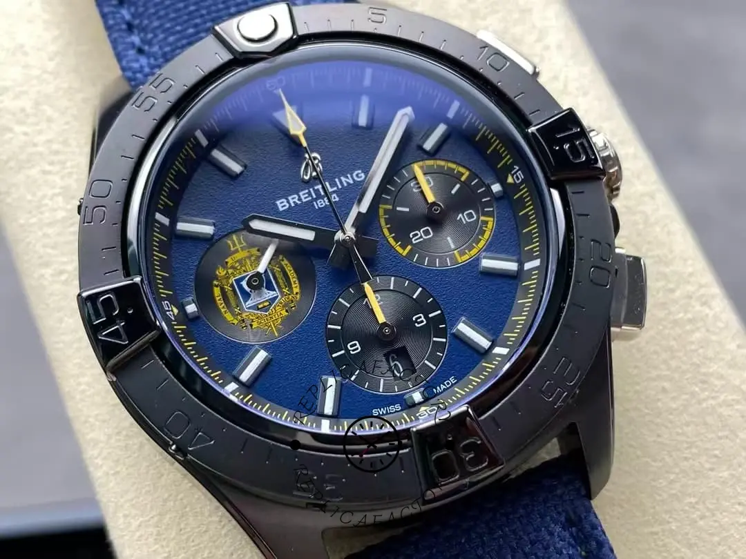 Detailed view of the Breitling Avenger SB01474A1C1X1 dial showing subdials and yellow accents.