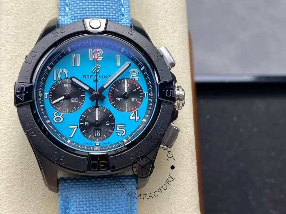 Front shot of Breitling Avenger B01 42 SB0146101L1X1 with blue dial and black ceramic bezel. - Front view