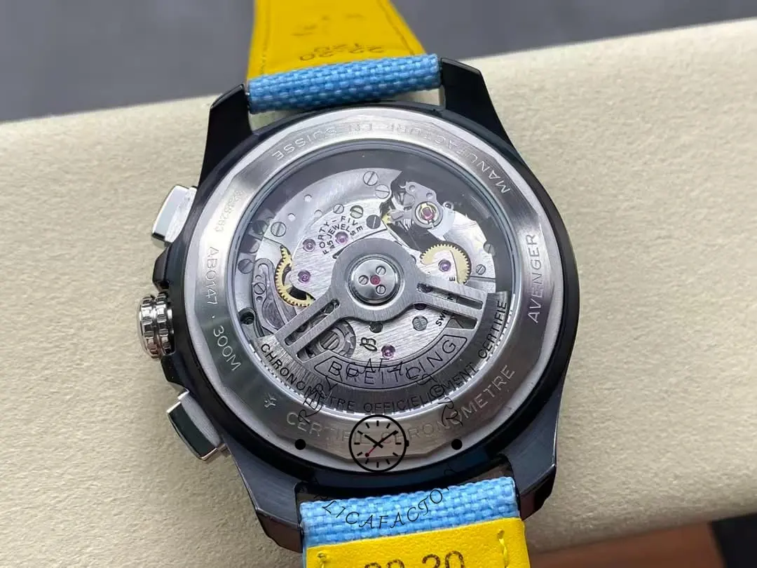 Exhibition caseback of Breitling Avenger B01 42 SB0146101L1X1 showing movement rotor.