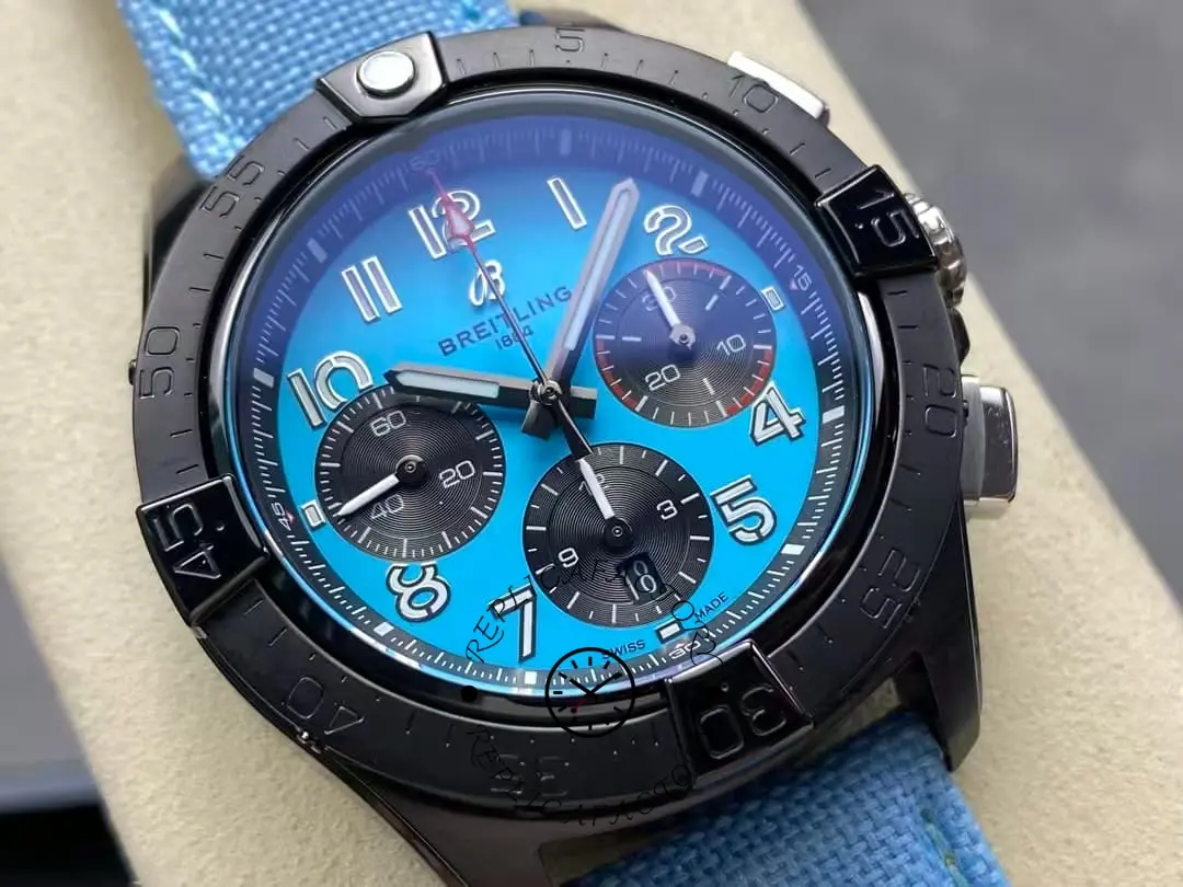 Detailed view of Breitling Avenger B01 42 SB0146101L1X1 showing bezel and chronograph layout.