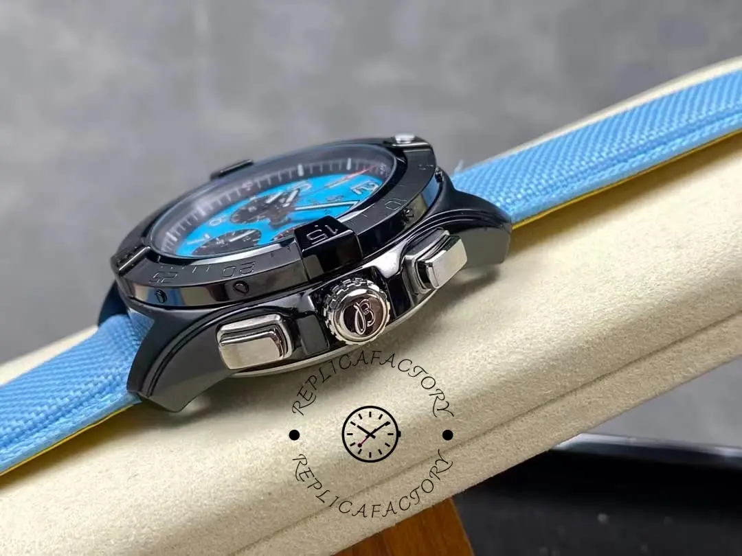 Side view of Breitling Avenger B01 42 SB0146101L1X1 showing crown and pushers with blue strap.