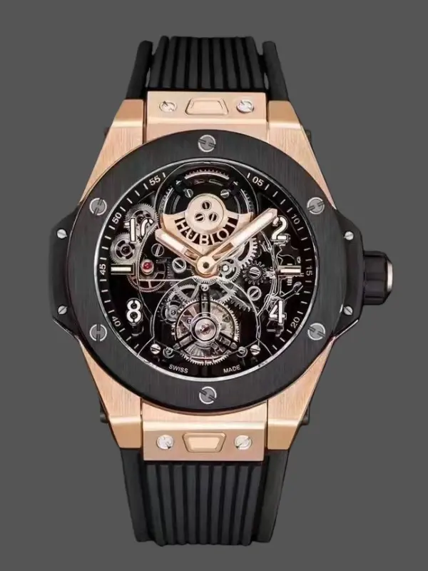 Front view of Hublot Big Bang 414.OI.1123.RX King Gold Ceramic showing skeleton dial and gold-tone case.