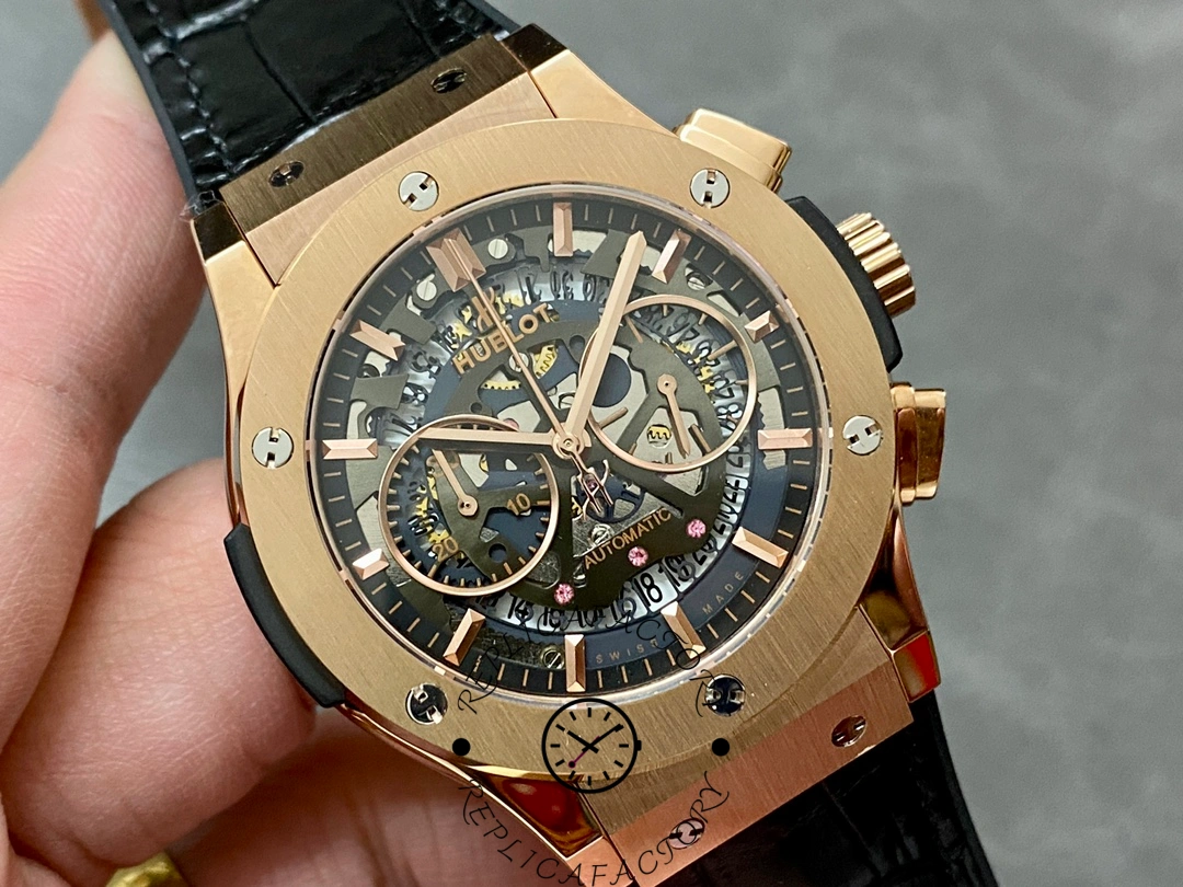 Angled view of Hublot 525.OX.0180.LR replica showing rose gold bezel and skeleton movement.