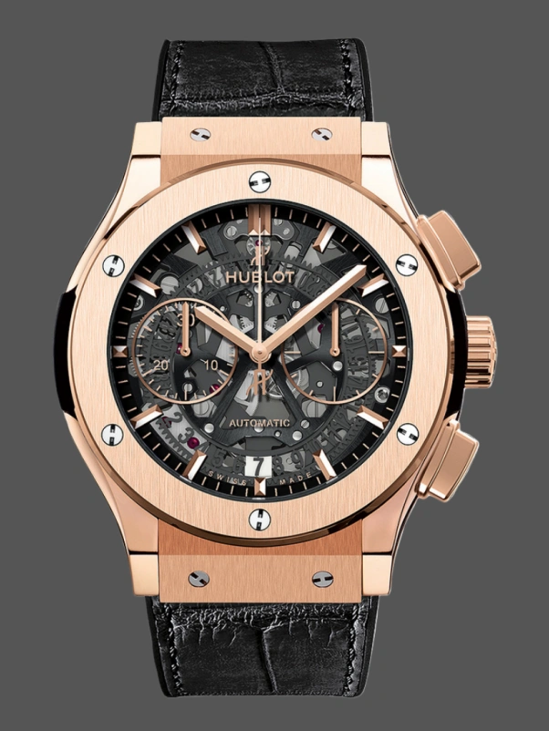 Front view of the Hublot 525.OX.0180.LR replica showing skeleton dial and rose gold case.