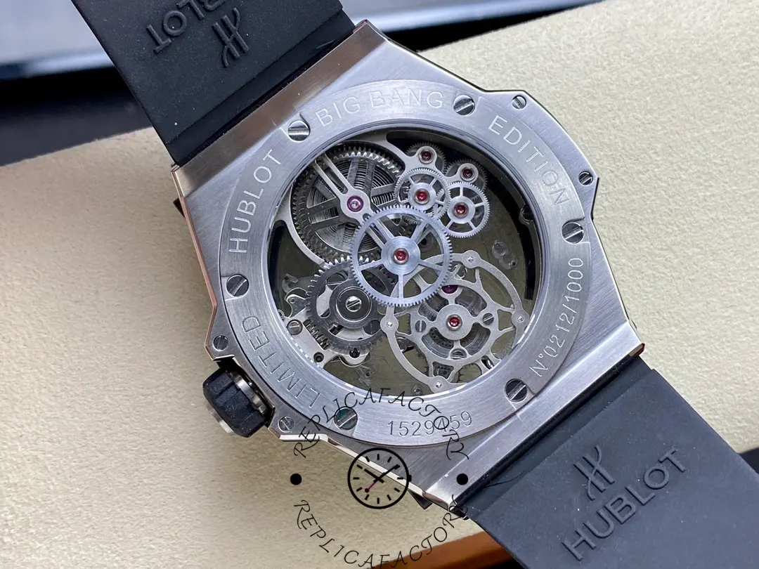 Caseback view of Hublot Big Bang Tourbillon 45mm Black Magic replica highlighting skeleton movement.