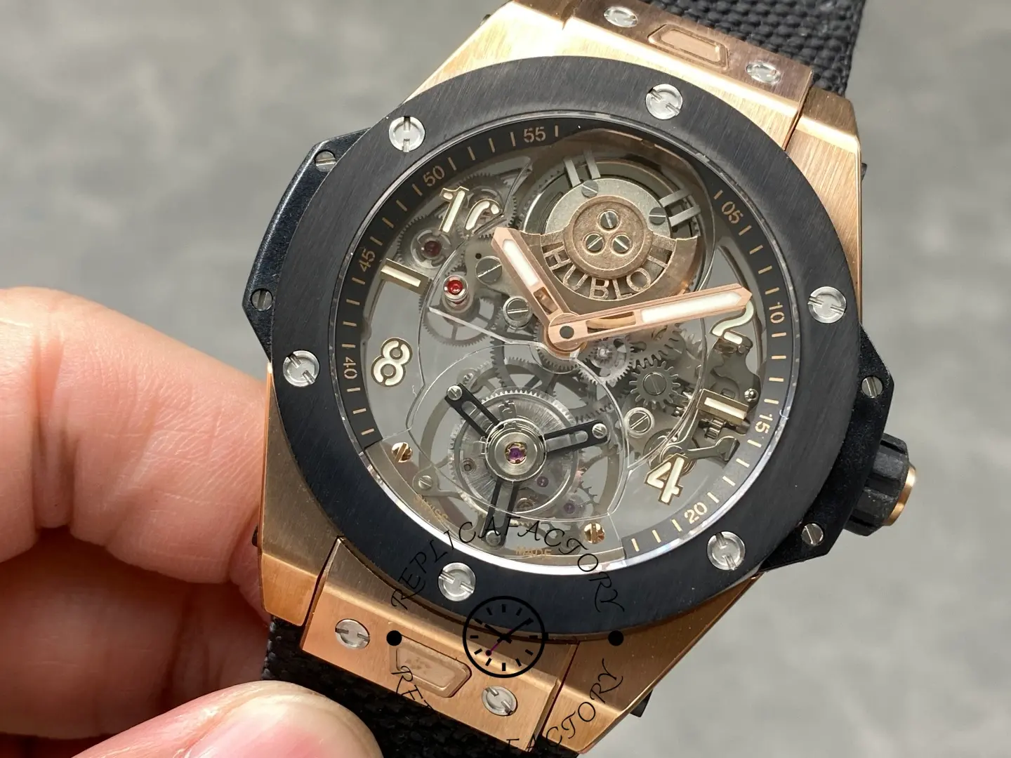 Detailed shot of Hublot 414.OI.1123.RX King Gold Ceramic dial mechanics.