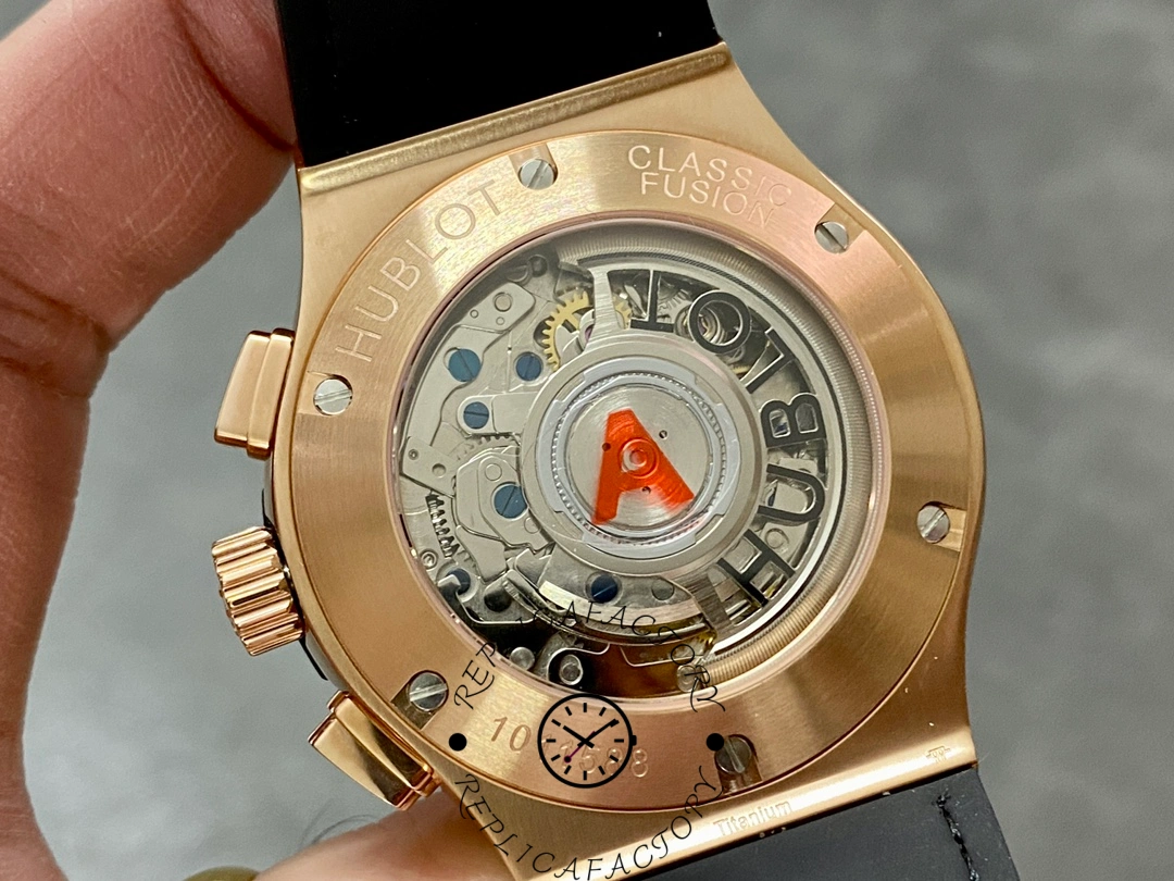 Back view of Hublot 525.OX.0180.LR replica with sapphire caseback and rotor.