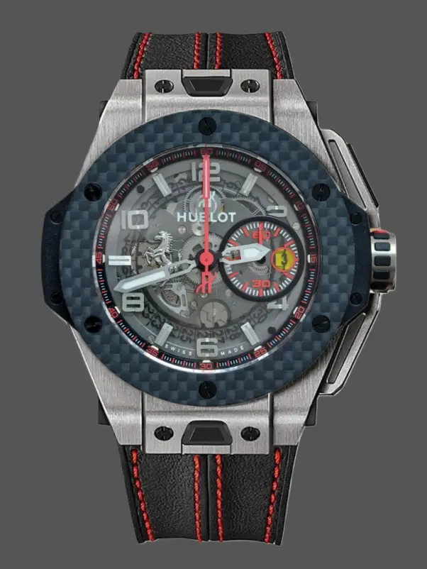 Front view of the Hublot Big Bang Ferrari 401.NX.0123.VR replica showing skeleton dial and carbon bezel.