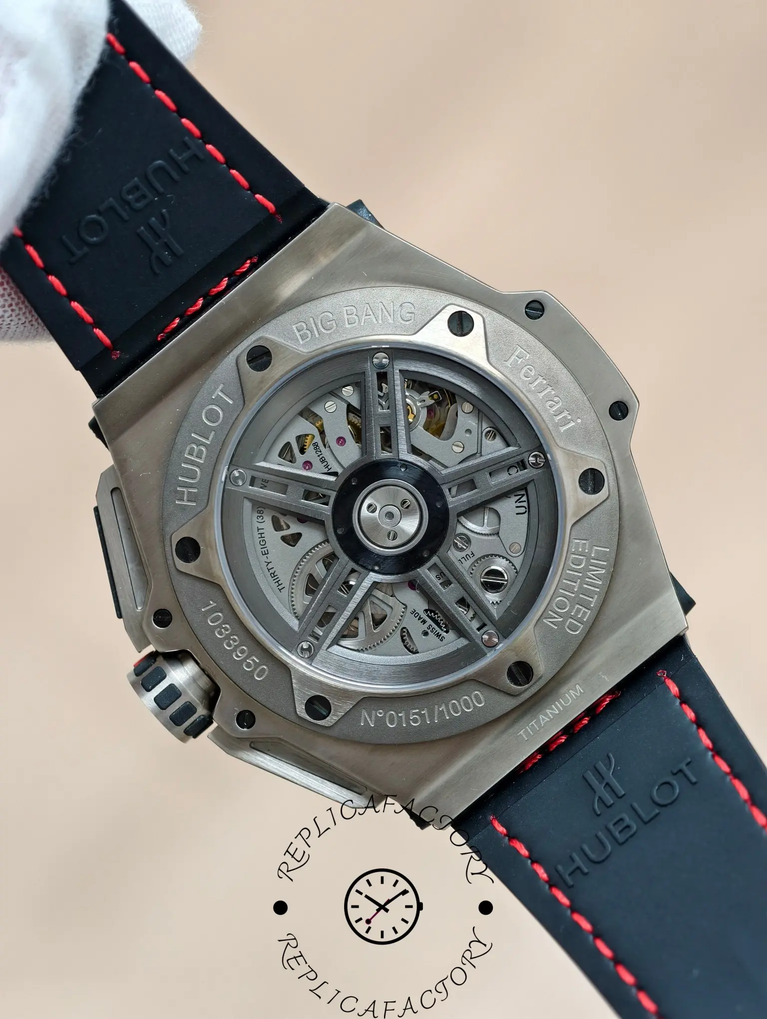 Caseback of Hublot Big Bang Ferrari 401.NX.0123.VR replica showing rotor and engravings.