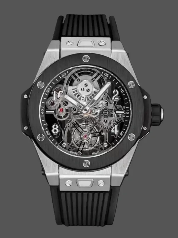 Front view of Hublot Big Bang Tourbillon 45mm Black Magic replica showing skeleton dial and tourbillon.