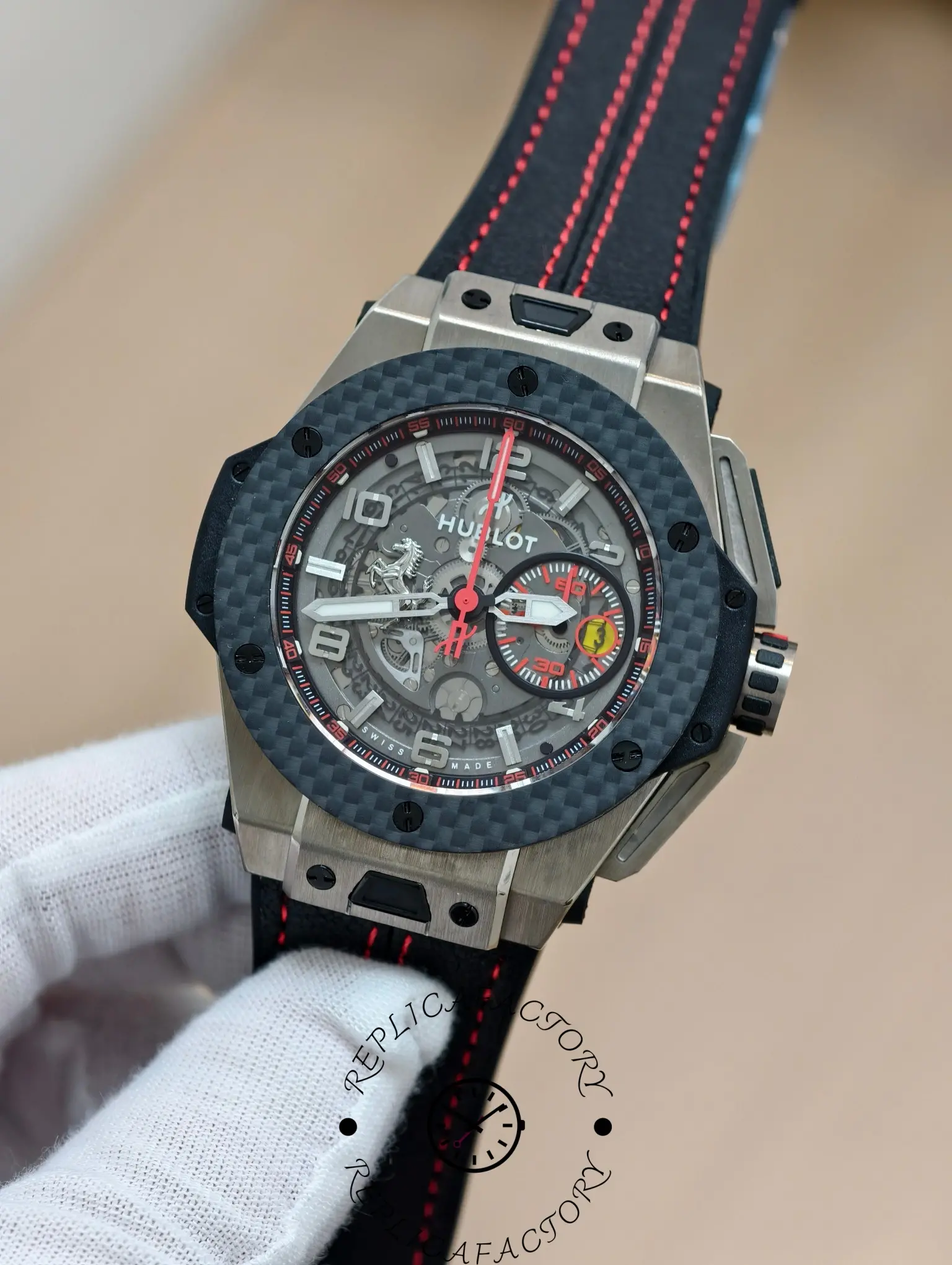 Close-up of Hublot Big Bang Ferrari 401.NX.0123.VR replica dial with red accents.
