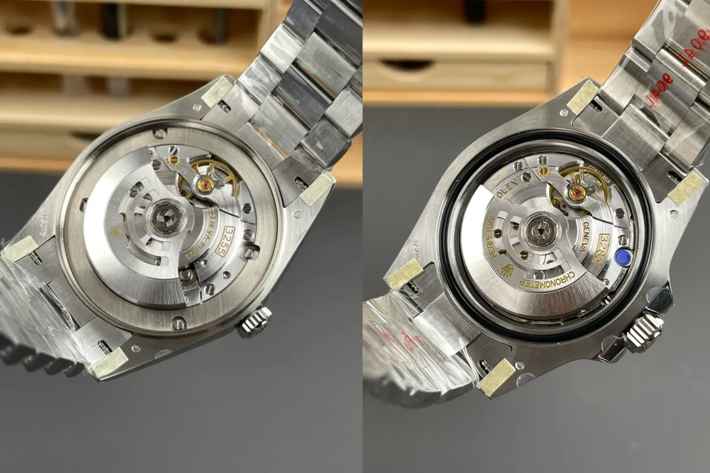 Combined image showing Rolex Day-Date 3255 and GMT Master II 3285 clone movements