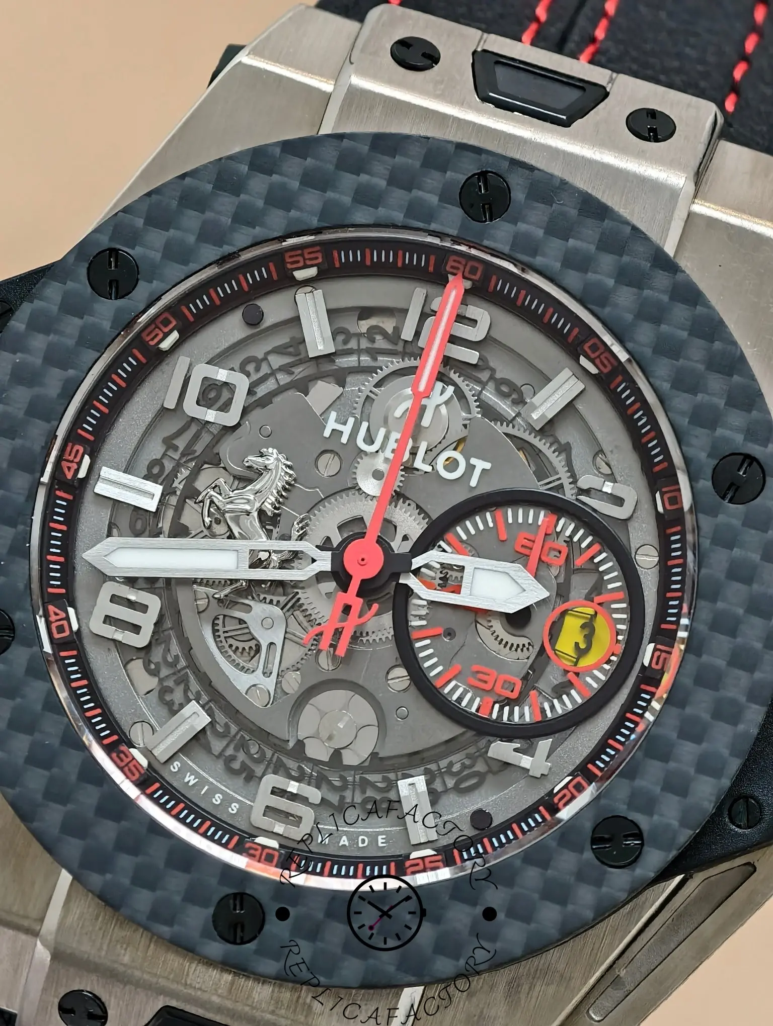 Macro dial shot of the Hublot Big Bang Ferrari 401.NX.0123.VR replica showing inner gears.