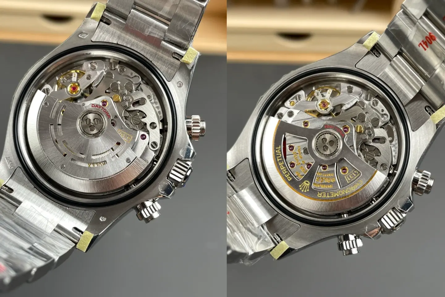 Close-up view of Rolex Daytona 4130 and 4131 clone movement with vertical clutch chronograph system