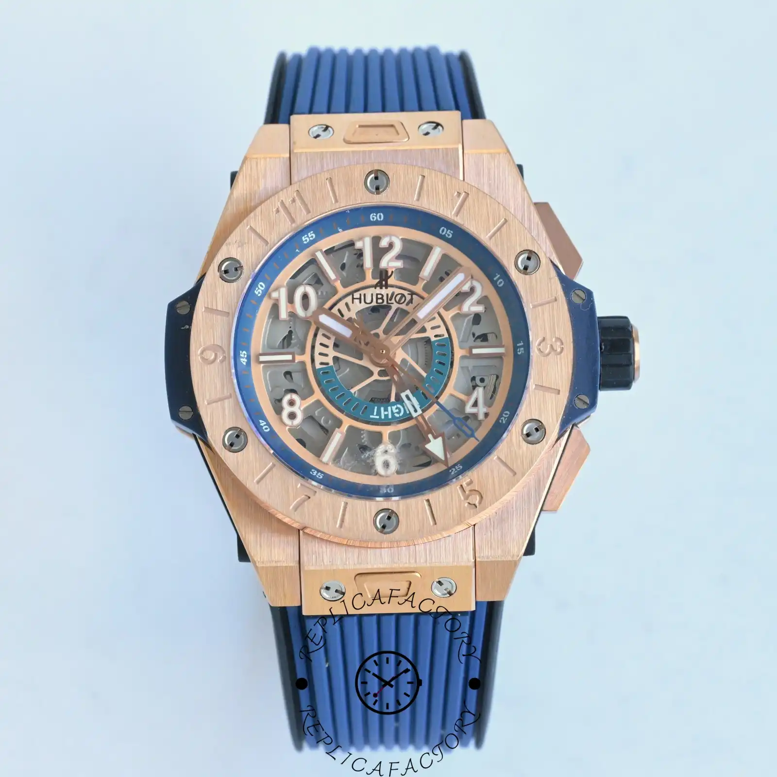 Front view of Hublot Big Bang Unico 471.OX.7128.RX showing skeleton dial and blue rubber strap.