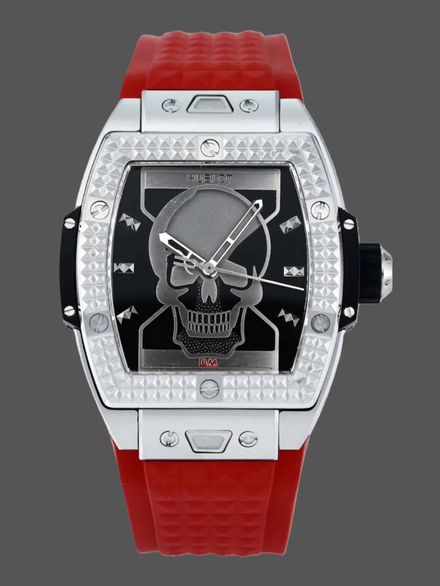 Front view of the Hublot 646.CI.0110.RX.DPM24 showing skull dial and red strap.