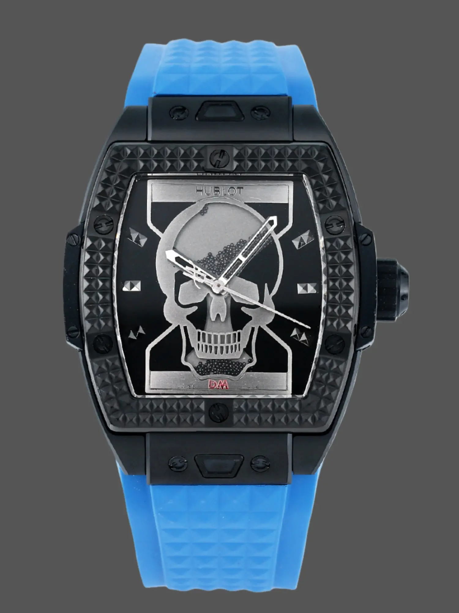 Front view of Hublot 646.CI.0110.RX.DPM24 showing skull dial and blue strap.
