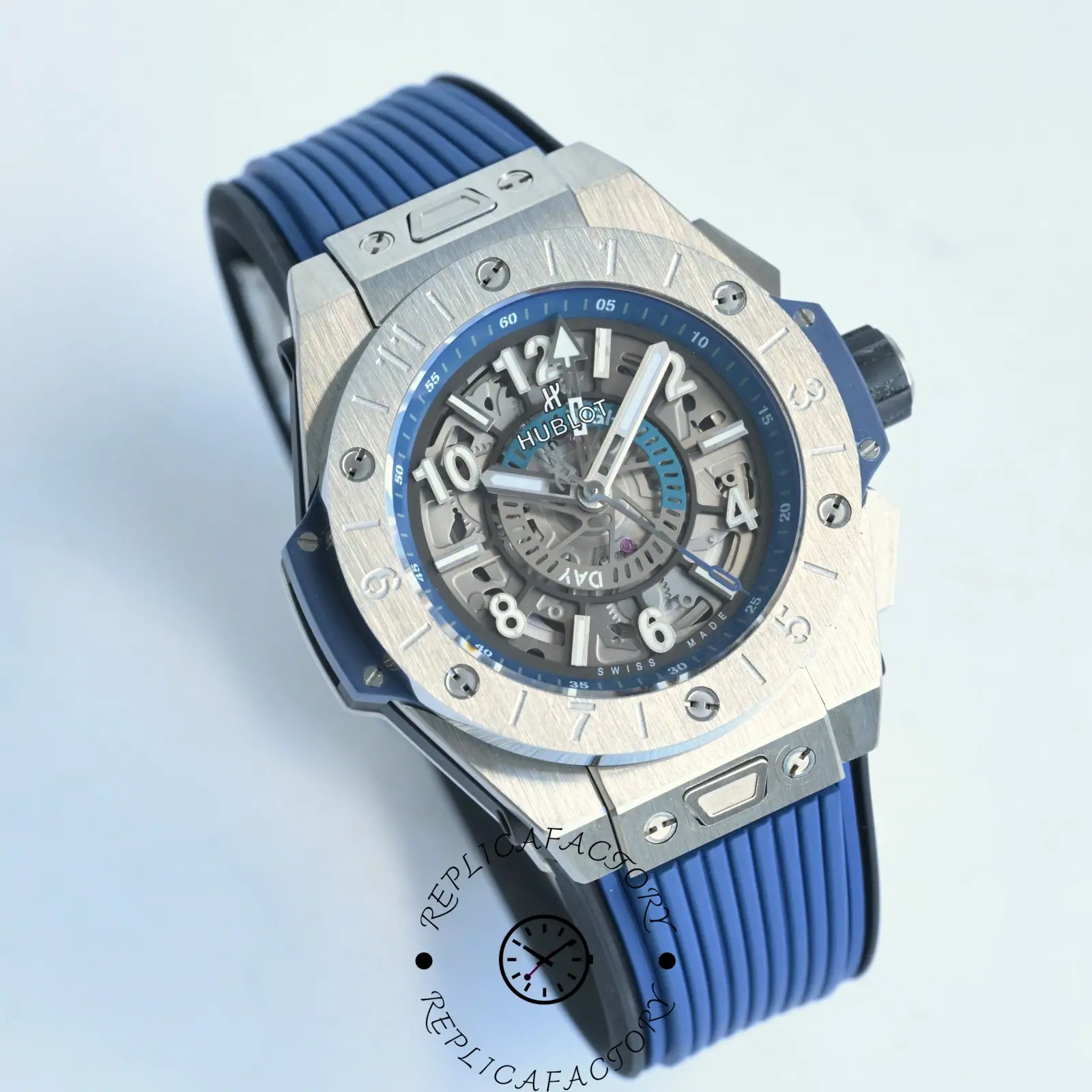 Angled view of Hublot 471.NX.7112.RX highlighting case shape and skeleton dial.