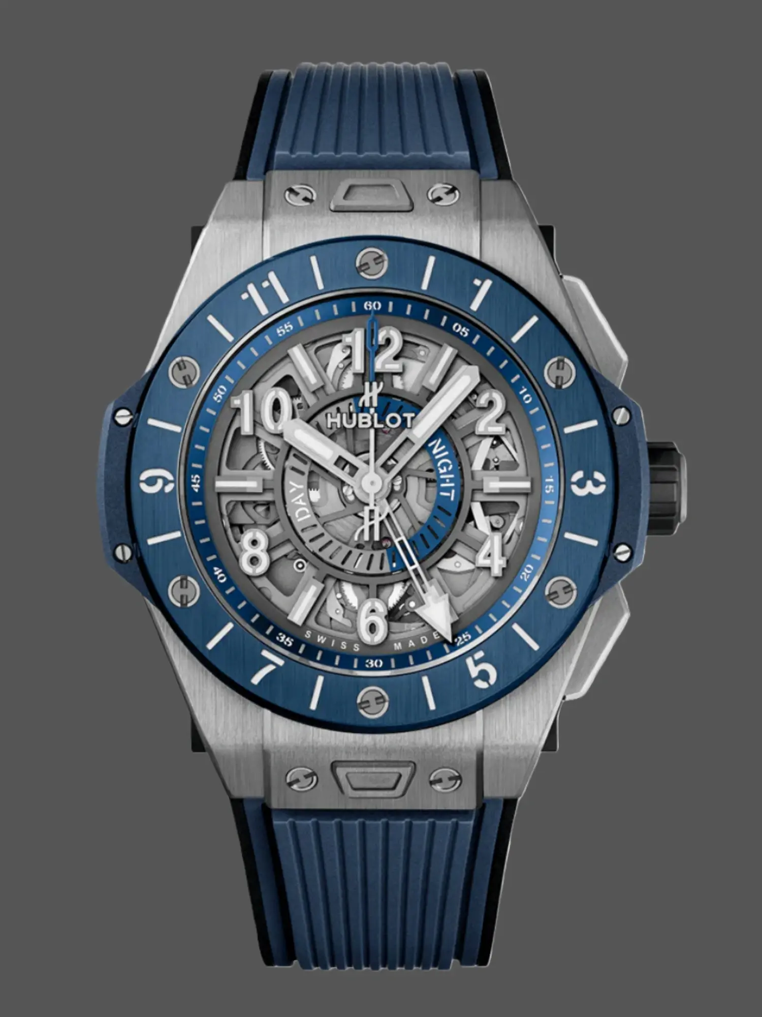 Front view of the Hublot Big Bang Unico GMT 471.NL.7112.RX showing skeleton dial and blue bezel.