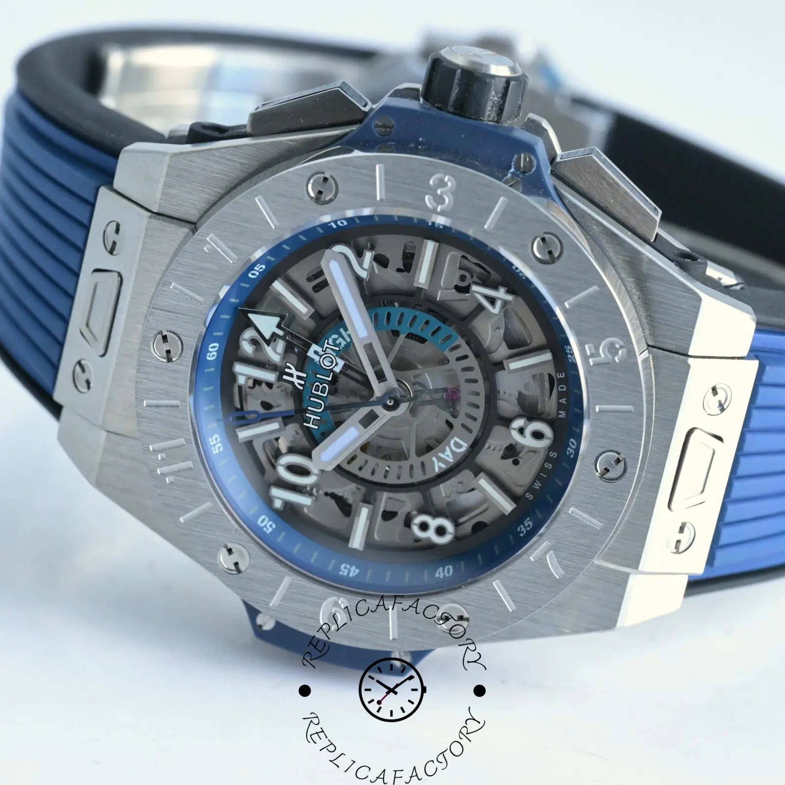Detailed view of Hublot 471.NX.7112.RX bezel screws and open-worked dial.