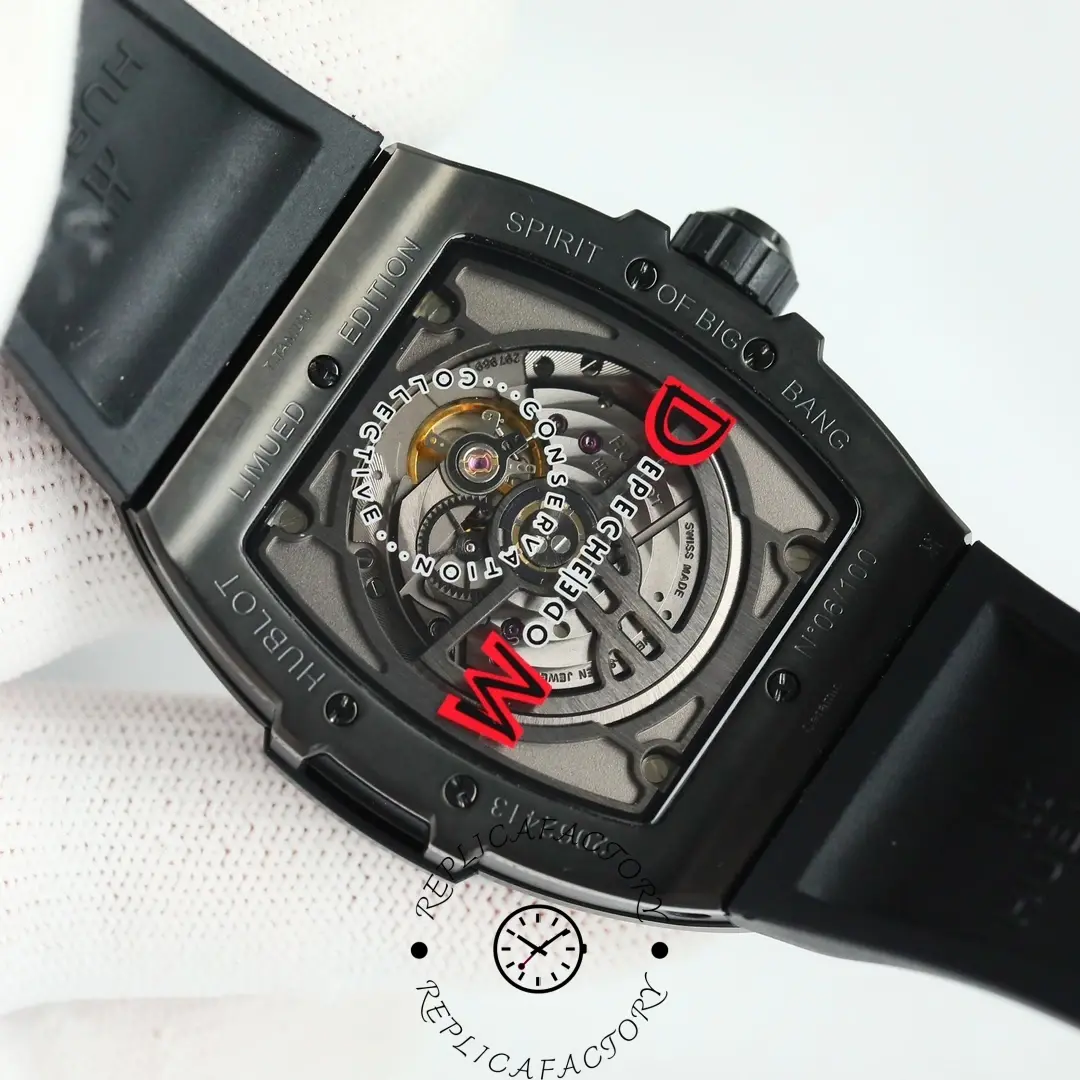 Back view of replica Hublot 646.CI.0110.RX.DPM24 showing movement and rotor.