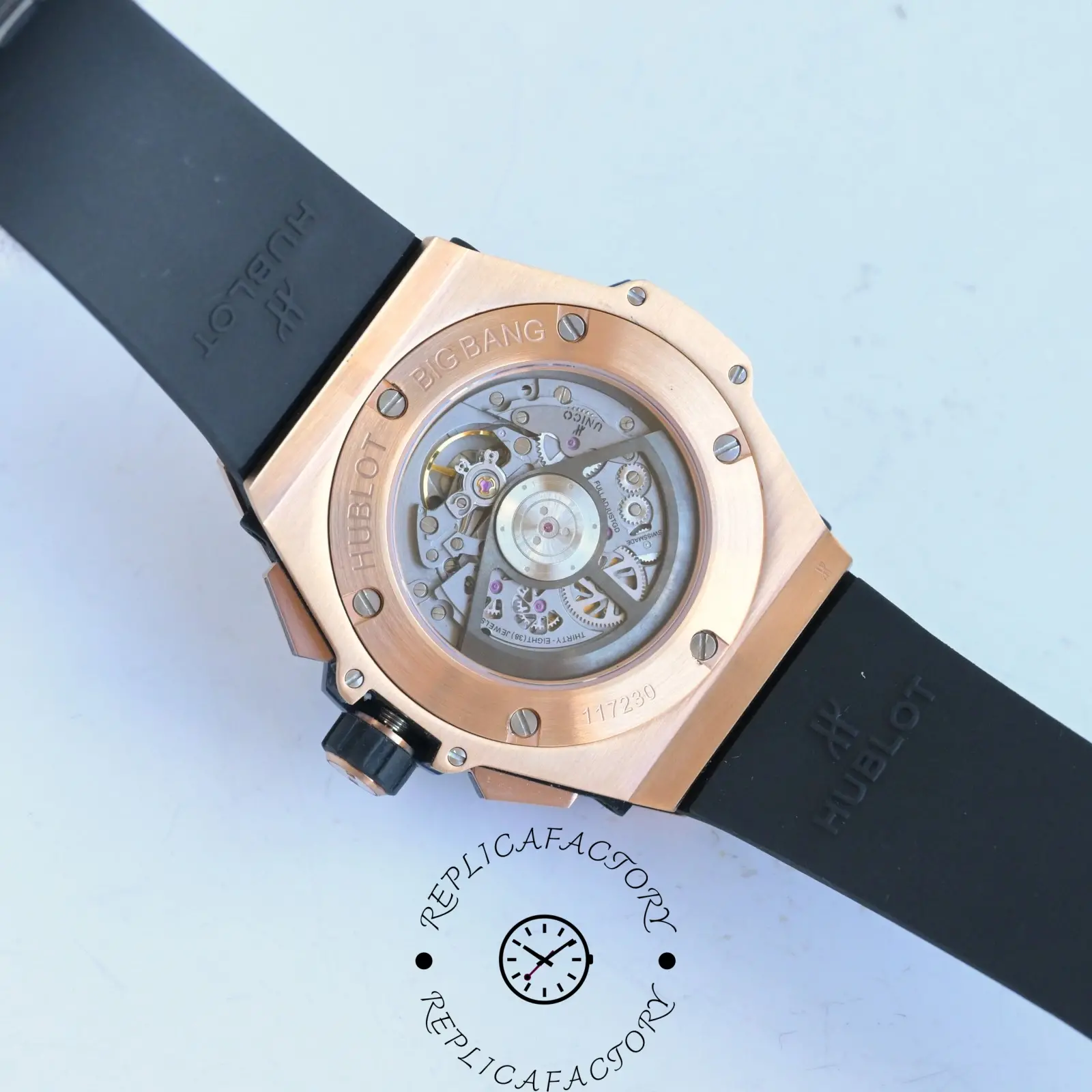 Back view of Hublot 471.OX.7128.RX showing skeleton rotor and mechanical movement.