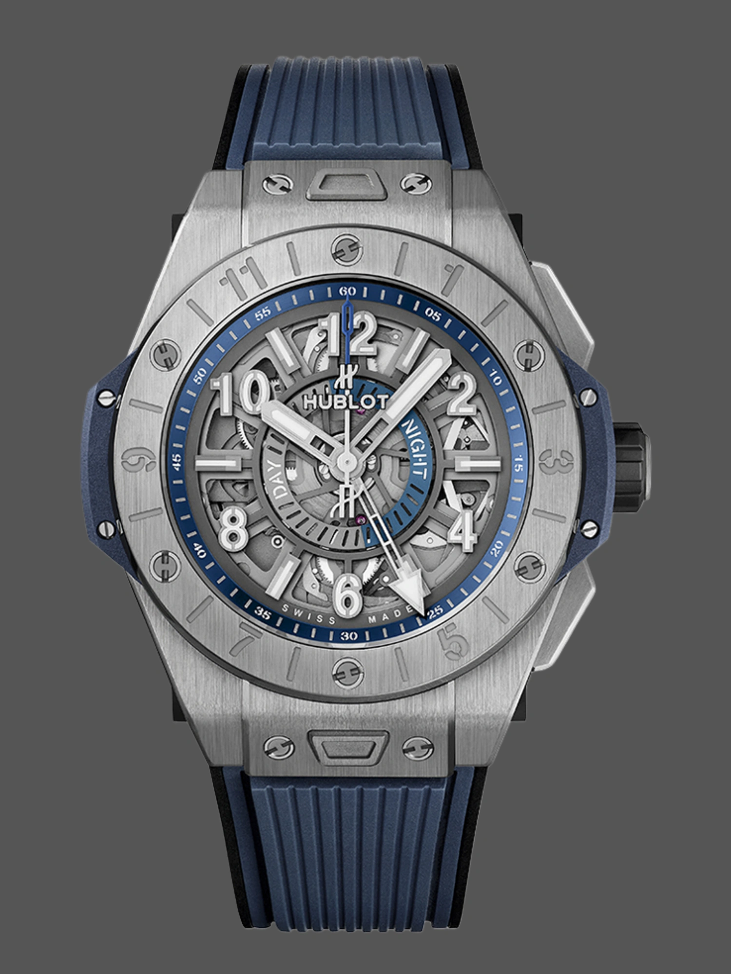 Hublot 471.NX.7112.RX full view with blue rubber strap and skeleton dial.