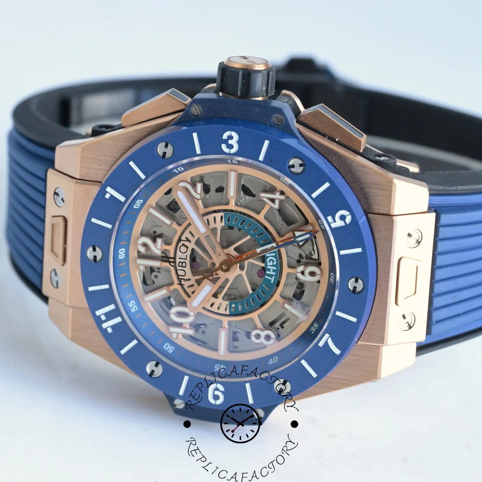 Close-up of Hublot 471.OL.7128.RX highlighting dial layers and hands.