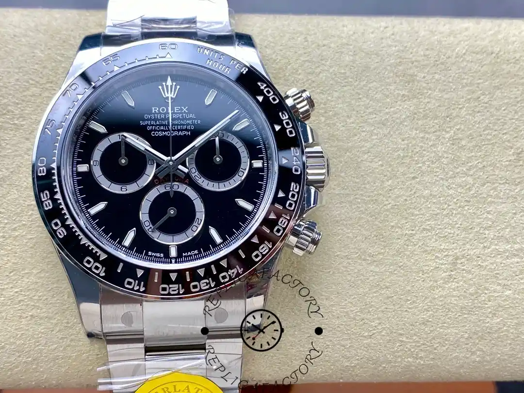Front view of the Rolex Cosmograph Daytona 116500LN with black dial and black ceramic bezel, showing the chronograph subdials clearly.
