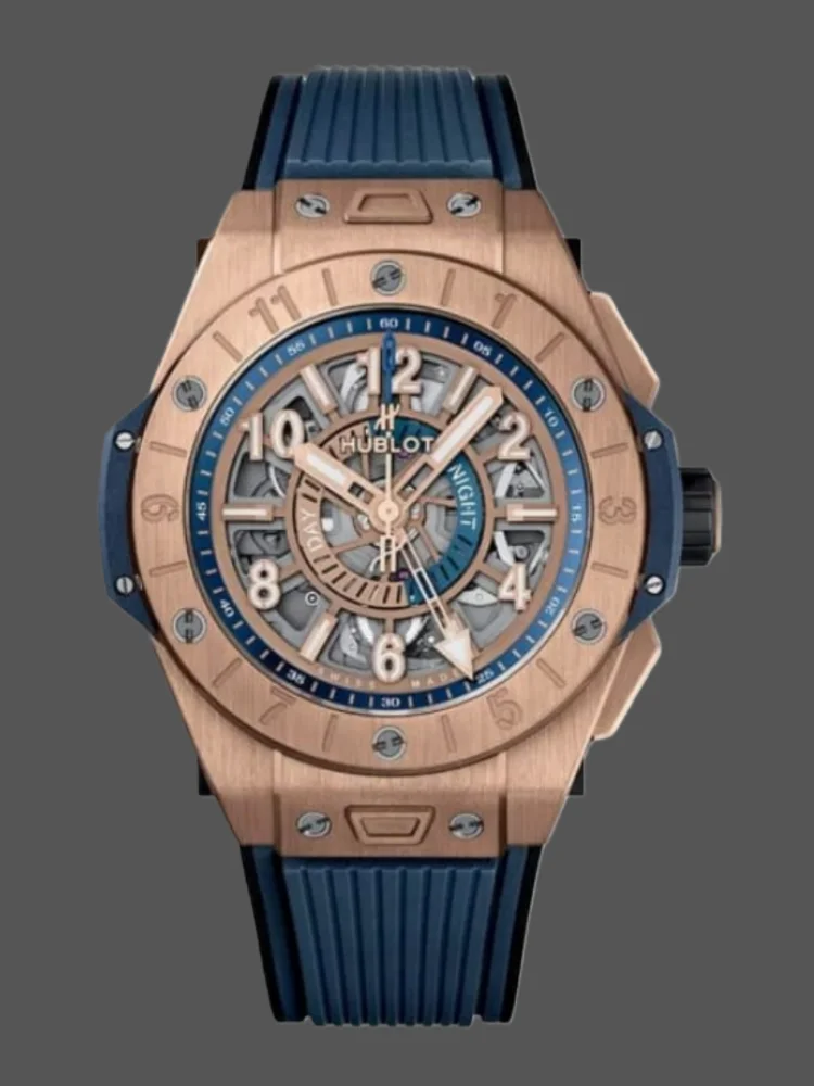 Full frontal display of Hublot 471.OX.7128.RX with skeleton dial and blue tones.