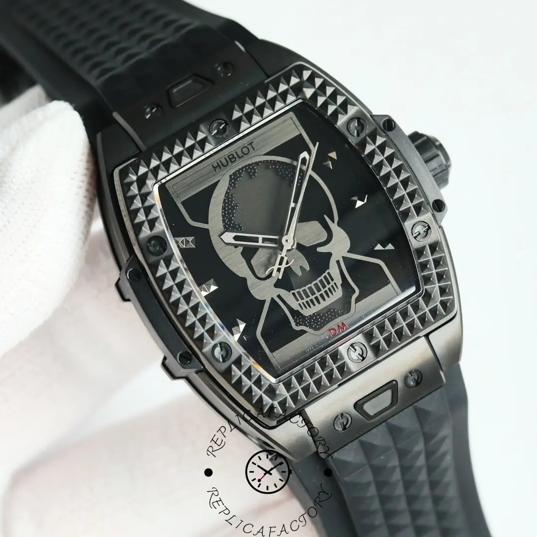 Angled view of replica Hublot 646.CI.0110.RX.DPM24 showing bezel studs and hands.
