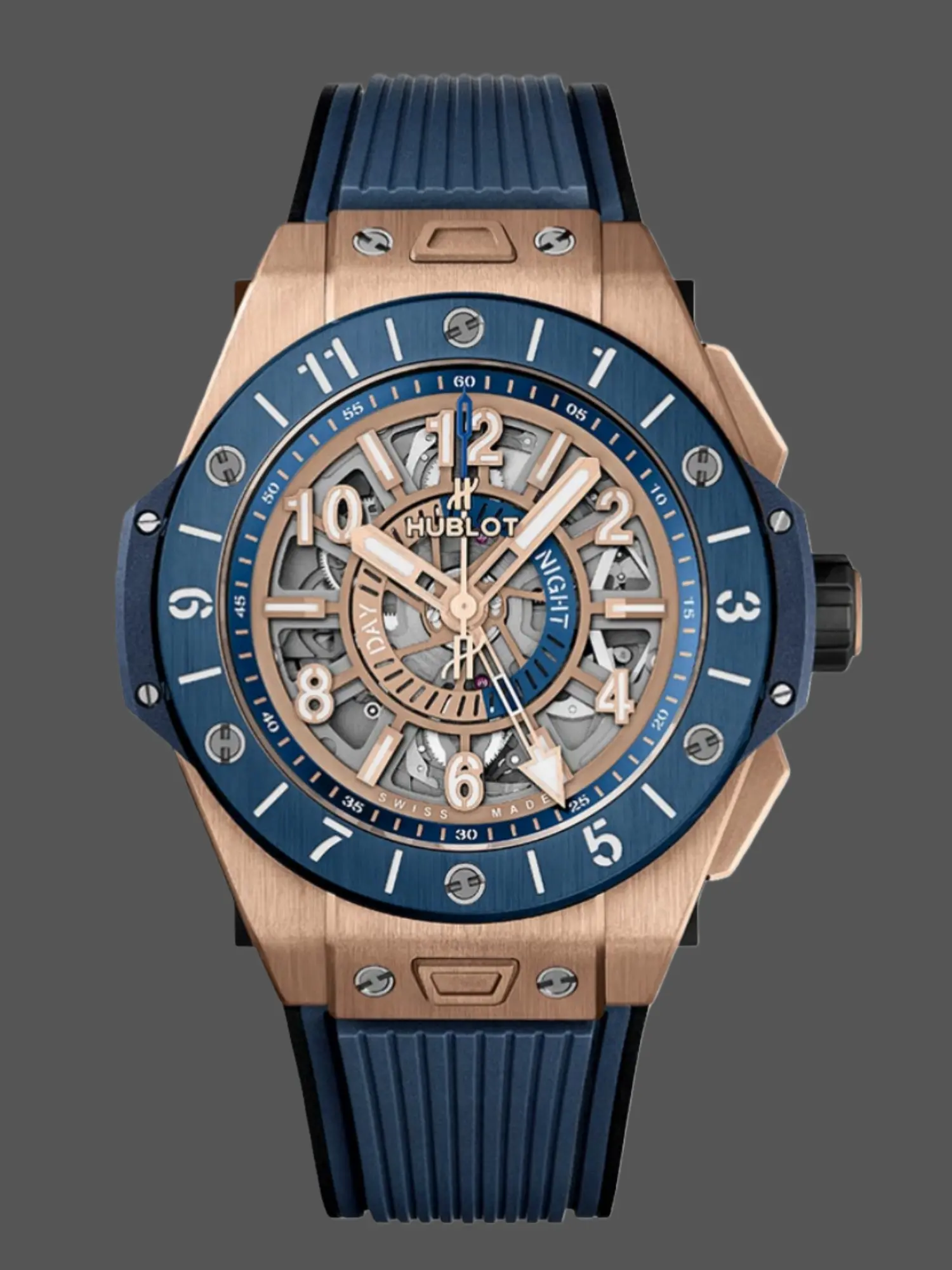 Front view of Hublot Big Bang Unico GMT 471.OL.7128.RX showing blue bezel and skeleton dial.