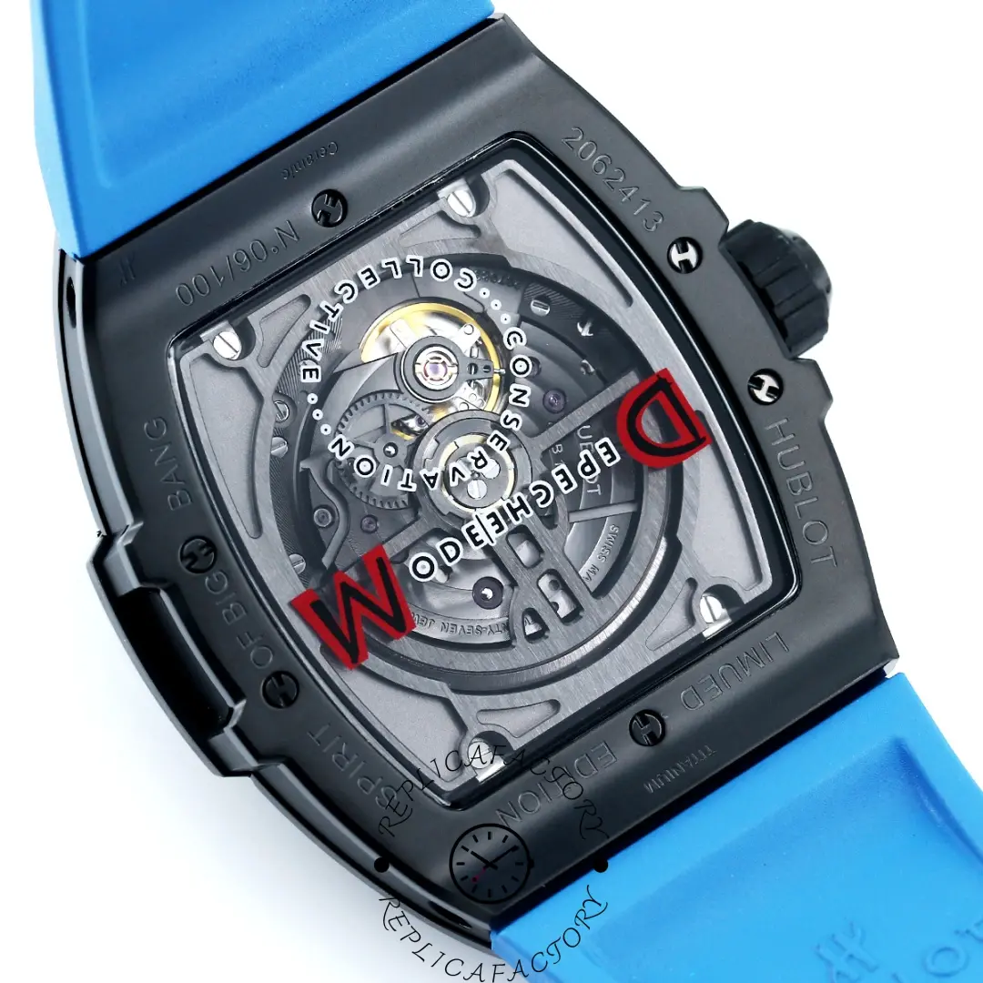 Closer look at the movement of Hublot 646.CI.0110.RX.DPM24 through sapphire back.